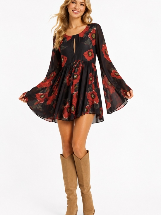 Free People Dresses & Skirts - Free People Floral Bell Sleeve Mini Dress Boho Babydoll Medium